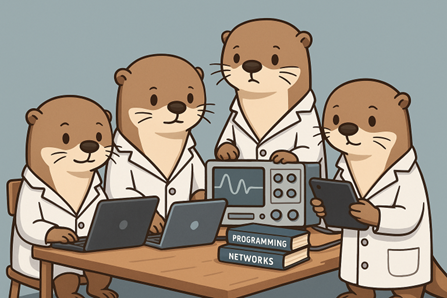 Group of otters in lab coats around scientific equipment