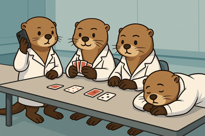 Otters conducting experiments at a table